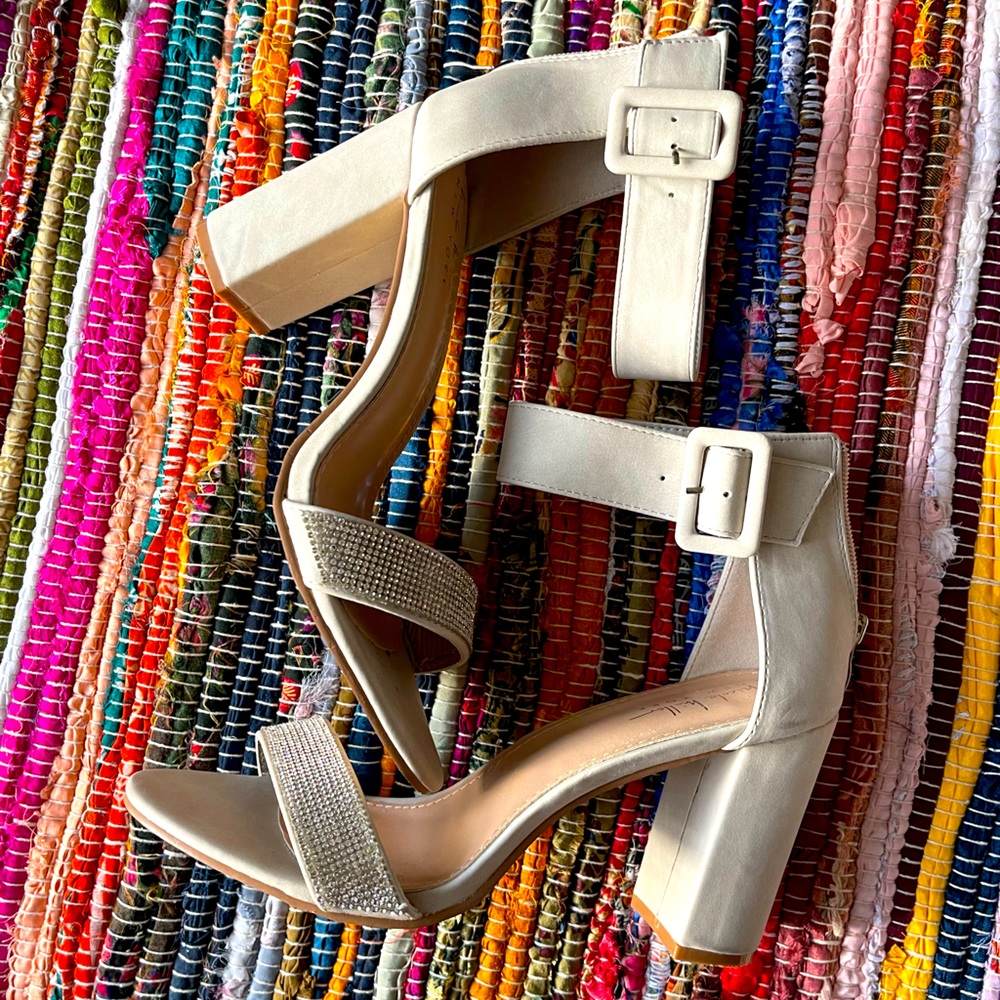Tan Nicole Miller Rhinestone Ankle Strap Heels